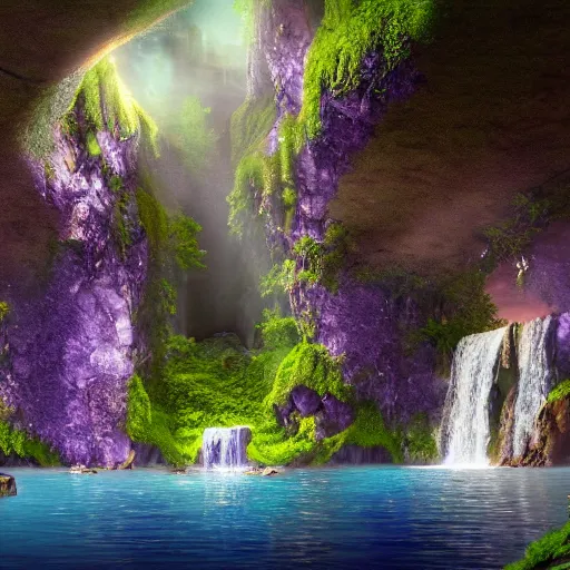 Prompt: a mystical waterfall cave with amethysts, lilac sunrays, highly detailed matte painting, 8 k