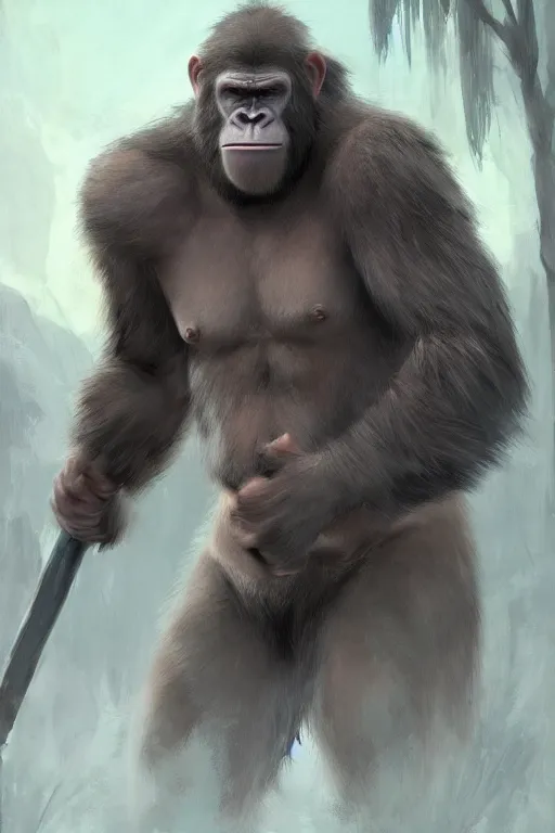 Prompt: rpg character art of an ape warrior, highly detailed, half - body composition, by jeremy lipking, by studio ghibli, by disney, video game fanart, gorgeous face