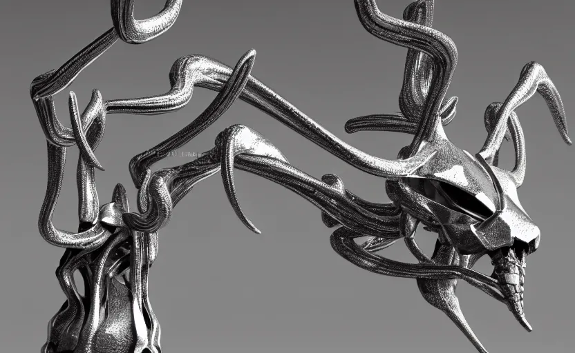 Image similar to stylized shiny polished silver statue full body extra limbs bizarre cosmic horror quadruped animal deer skull four legs made of marble of slug creature tendrils, perfect symmetrical body, perfect symmetrical face, hyper realistic, hyper detailed, by johannen voss, by michelangelo, octane render, blender, 8 k, displayed in pure white studio room