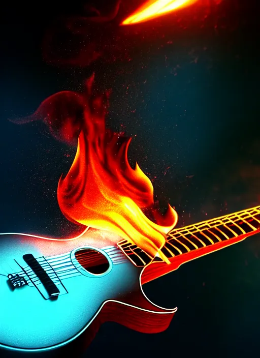 Image similar to guitar with fire magical dust as musical notes storm around, volumetric dust, cinematic lighting, photography artstation