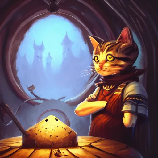 Image similar to Oil Painting of Cat, Anthropomorphized, evil grin, brewing potion in witch Hut, magic the gathering artwork, horror, D&D, fantasy, cinematic lighting, centered, symmetrical, highly detailed, digital painting, artstation, concept art, smooth, sharp focus, illustration, volumetric lighting, epic Composition, 8k, art by Akihiko Yoshida and Greg Rutkowski and Craig Mullins, oil painting, cgsociety