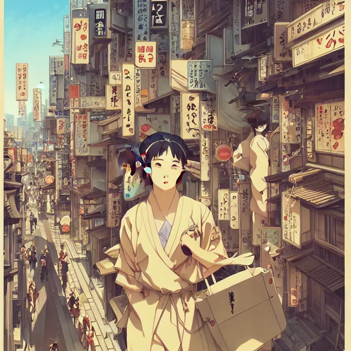 Image similar to japanese big city, summer, in the style of studio ghibli, j. c. leyendecker, greg rutkowski, artem