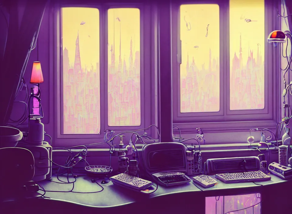 Image similar to telephoto 7 0 mm f / 2. 8 iso 2 0 0 photograph depicting the feeling of chrysalism in a cosy cluttered french sci - fi ( art nouveau ) cyberpunk apartment in a pastel dreamstate art cinema style. ( cat, computer screens, window ( city view ), sink, lamp ( ( ( fish tank ) ) ) ), ambient light.