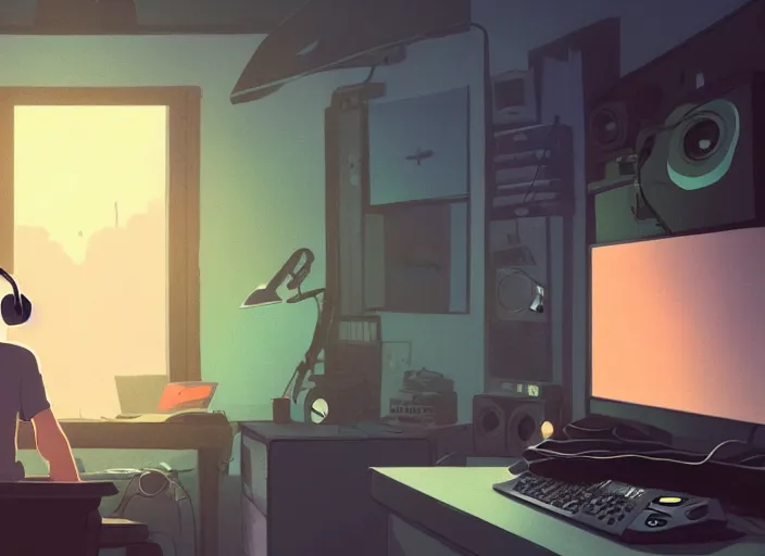 Image similar to man with headphones at his home studio producing music late at night, very detailed, 4 k, cory loftis, james gilleard, atey ghailan, makoto shinkai, goro fujita, studio ghibli, rim light, exquisite lighting, clear focus, very coherent, masterpiece