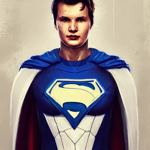 Image similar to portrait of a superhero by greg rutkowski, he looks like ansel elgort, he is wearing a blue and white kevlar gear with a cape, highly detailed portrait, digital painting, artstation, concept art, smooth, sharp foccus ilustration, artstation hq