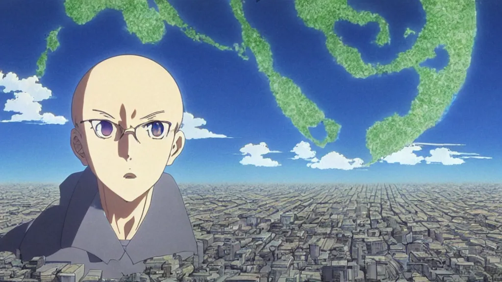 Image similar to scientific diagram of the earth as a human face, anime film still from the an anime directed by katsuhiro otomo with art direction by salvador dali, wide lens
