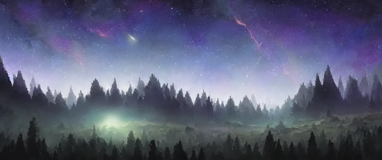 Prompt: digital painting of a ultra detailed night sky with constellations, Perseides meteor shower, ultra detailed hill top over behind a forest, large mountains in back, concept art, low angle, high detail, warm lighting, volumetric, godrays, vivid, beautiful, trending on artstation, by Jordan Grimmer, no focus, huge scene, ultra detailed trees, F11 aperture, in the style of ALBERT BIERSTADT