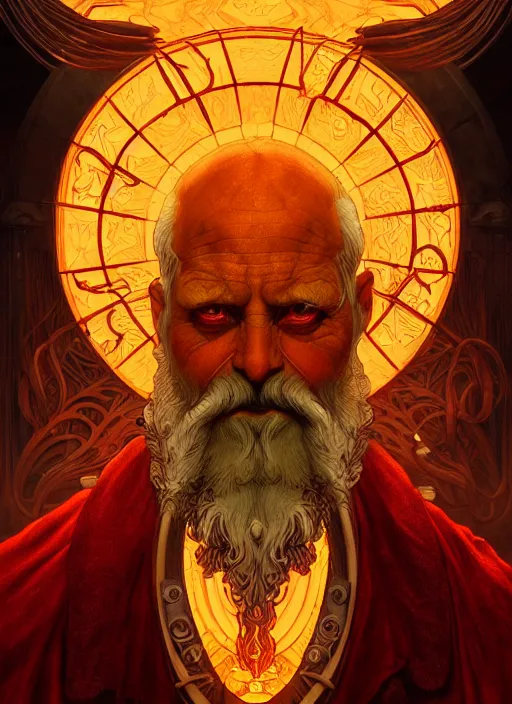 Image similar to the god hephaestus, old man, fiery hair, glowing eyes, volumetric lights, yellow and red scheme, art nouveau botanicals, gothic, intricate, highly detailed, digital painting, artstation, concept art, smooth, sharp focus, symmetric face, illustration, steampunk, art by artgerm and greg rutkowski and alphonse mucha