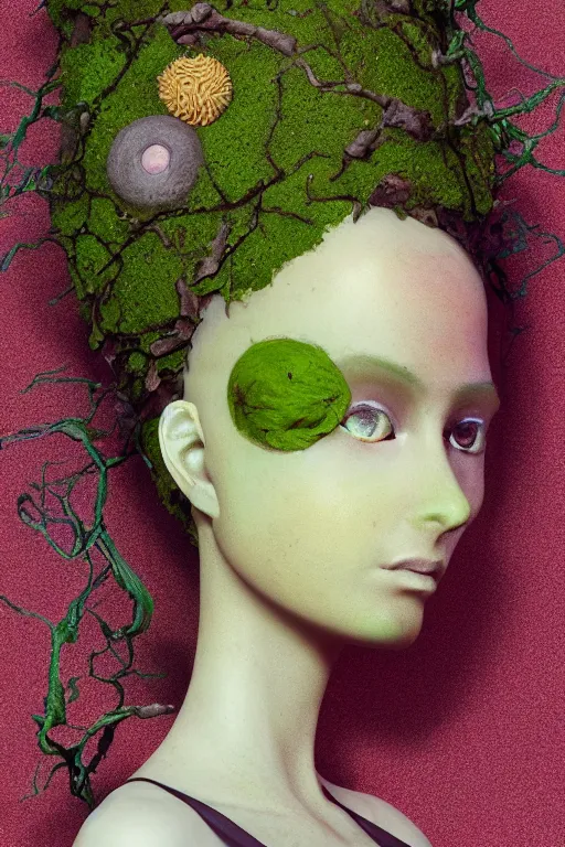 Image similar to nonbinary model, subject made of cracking brown clay, vine headdress, moss patches, 2 0 mm, with pastel yellow and green oddish bursting out, melting into lilligant, delicate, beautiful, intricate, houdini sidefx, by jeremy mann and ilya kuvshinov, jamie hewlett and ayami kojima, bold 3 d