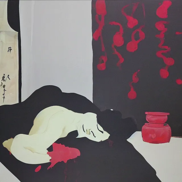 Prompt: empty room with black walls, sensual portrait of a woman sleeping, japanese vase, old flowers, puddle of water, octopus, squashed berries, neo - expressionism, surrealism, acrylic and spray paint and oilstick on canvas