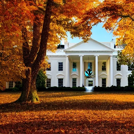 Prompt: crisp painting of a white house in an autumn forest