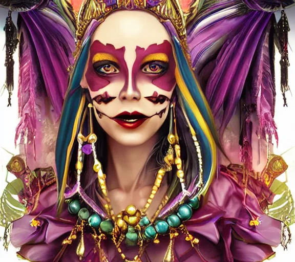 Image similar to beautiful female character inspired by new orleans mardi gras and dada vampire bounty hunter | | digital artwork made by greg rutswork, anna dittmann and lois van barlee, symmetrical rim light, anatomically correct