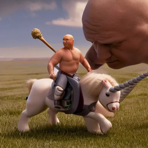 Image similar to Mr. clean riding a chubby balding blond guy and holding a unicorn toy, highly detailed, epic fantasy, film still, best shot, very long shot, 8K Imax