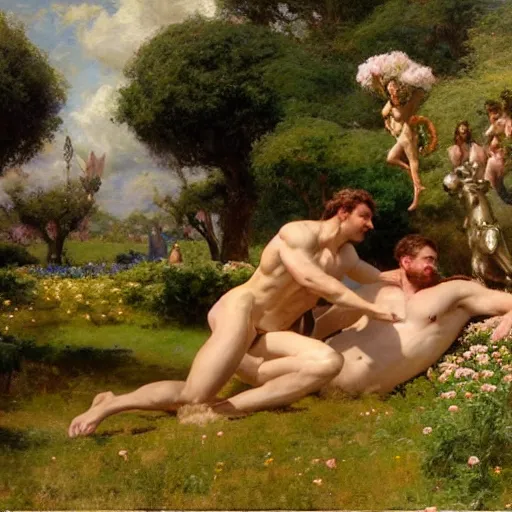 Image similar to hercules and achilles frolic in a meadow of beautiful flowers, large topiary and marble pillars in the background, painting by gaston bussiere, craig mullins, j. c. leyendecker, tom of finland