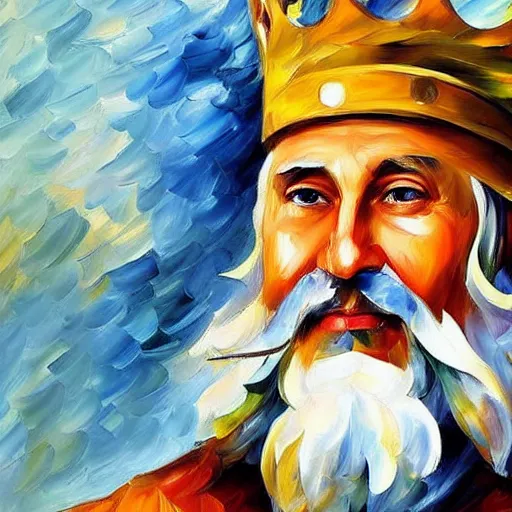 Image similar to portrait of a very very old, olive skinned king witha very long white beard and blue crown by leonid afremov