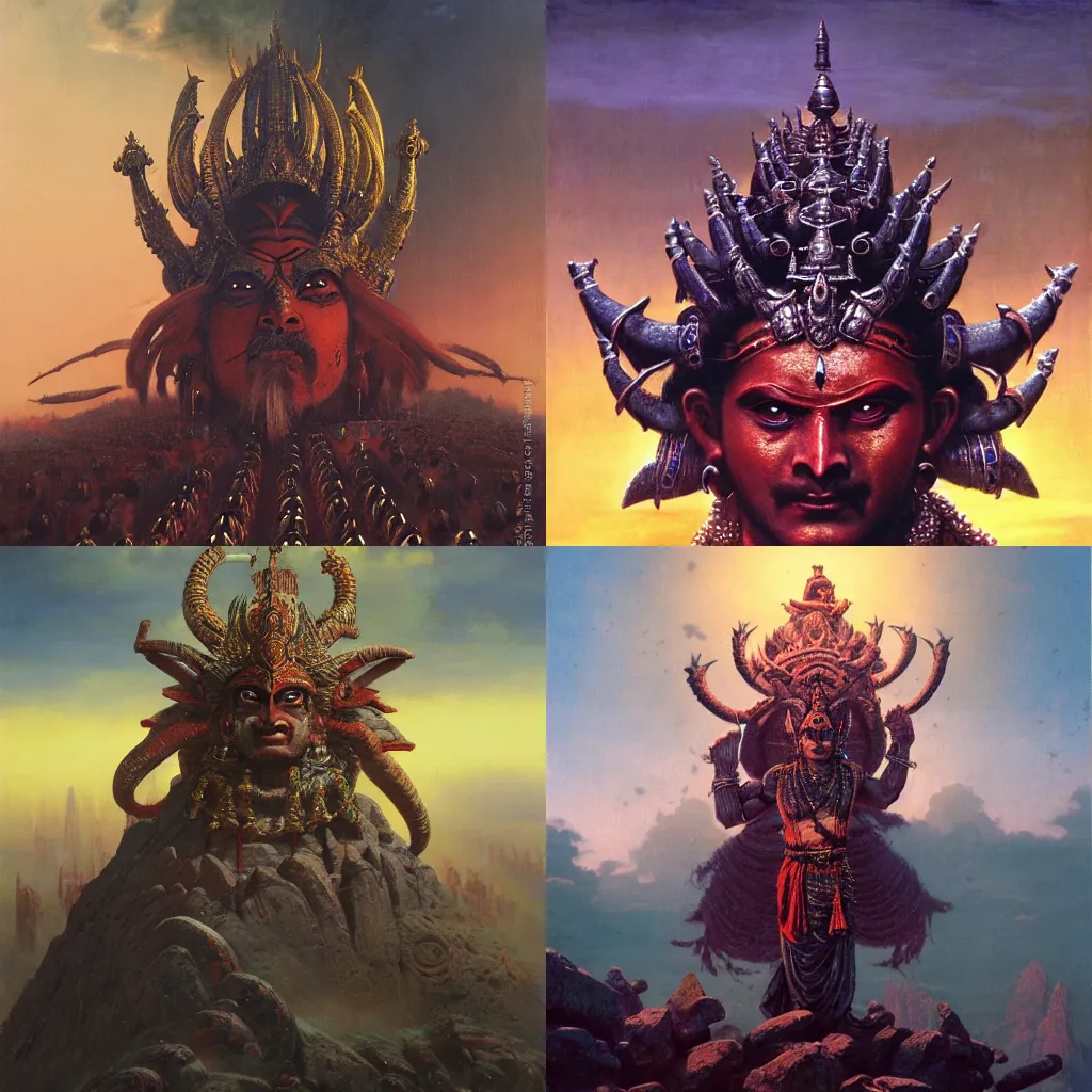 Prompt: an epic dramatic Asura King Ravan with ten heads, from Ramayan , by Bruce Pennington, by Wayne Barlowe, by Greg Rutkowski, oil on canvas, masterpiece, detailed, dynamic, cinematic composition, beautiful lighting, view from ground, trending on artstation, top on pixiv, 8K, no frames,