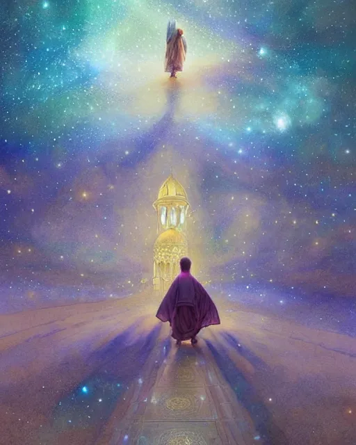 Image similar to bedouin child praying in galaxy walking towards mosque surrounded by nebula, highly detailed, gold filigree, romantic storybook fantasy, soft cinematic lighting, award, disney concept art watercolor illustration by mandy jurgens and alphonse mucha and alena aenami, pastel color palette, featured on artstation