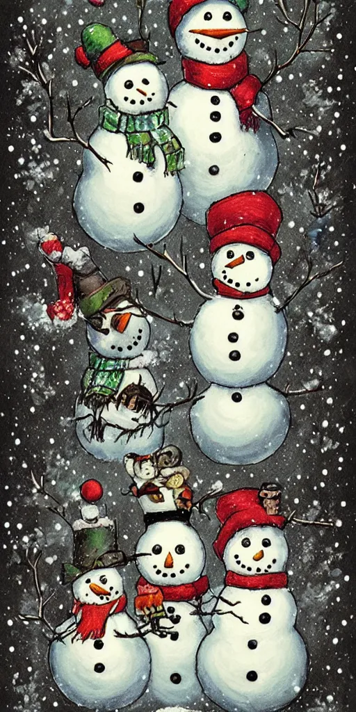 Image similar to a snowman family christmas scene by alexander jansson