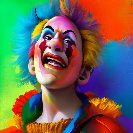 Image similar to Portrait of a colorful happy joyful clown, artstation, cgsociety, masterpiece