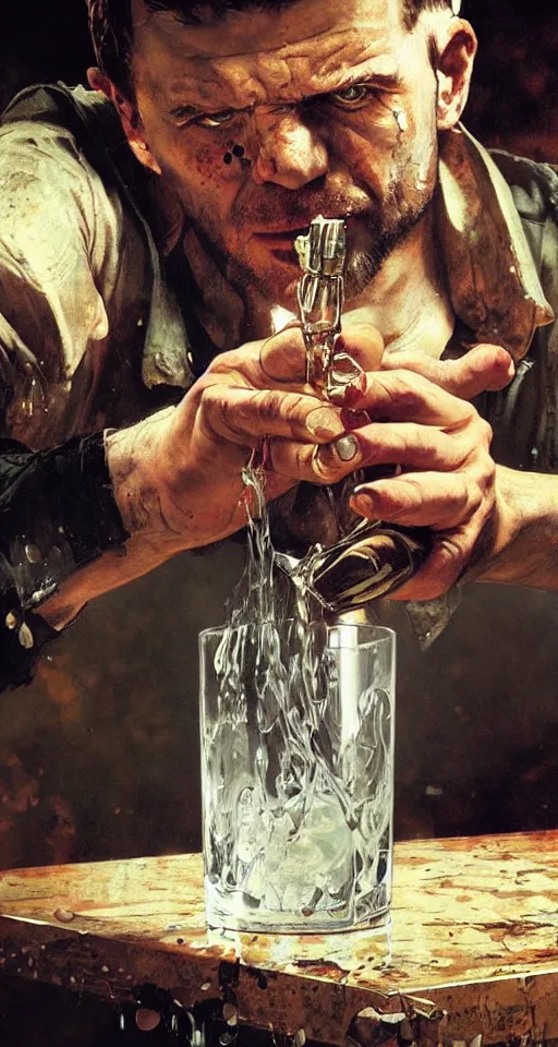 Image similar to close up of bloodied max payne pouring vodka, sun shining, photo realistic illustration by greg rutkowski, thomas kindkade, alphonse mucha, loish, norman rockwell.