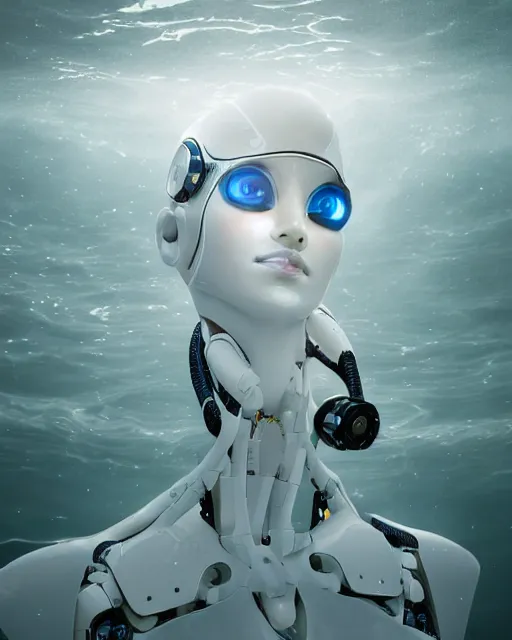 Image similar to beautiful centered fine art photo portrait of hoyeon jung as a solarpunk robotic humanoid, white mechanical parts with bright halogen lights, treading above water, ultra - realistic and detailed, white background, natural lighting, soft focus, slow exposure hdr 8 k