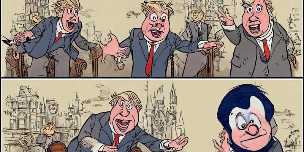 Image similar to boris johnson as the disney version of pinocchio, with a long nose, in the style of kim jung gi