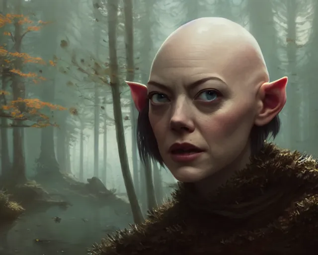 Image similar to highly detailed portrait of emma stone as a bald elf, in skyrim, stephen bliss, unreal engine, fantasy art by greg rutkowski, loish, rhads, ferdinand knab, makoto shinkai and lois van baarle, ilya kuvshinov, rossdraws, tom bagshaw, global illumination, radiant light, detailed and intricate environment