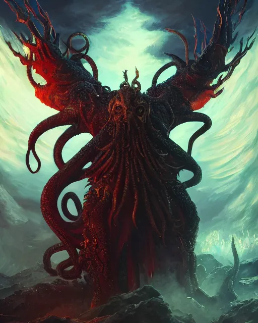 Prompt: oil painting of Cthulhu, wearing intricate fur armor, sharp focus, holding magical fiery Sword, magical aura, heroic pose, fantasy style, octane render, volumetric lighting, 8k high definition, by greg rutkowski, highly detailed, trending on art Station, magic the gathering artwork, magical Battlefield backround, centered