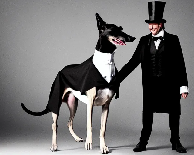 Image similar to greyhound wearing a black cloak and a top hat, under a spotlight, magician dog performing on stage, dapper greyhound