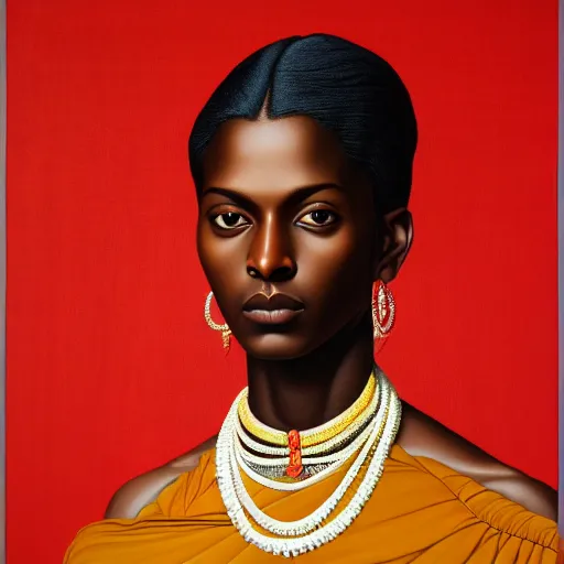 Prompt: A portrait of a skinny stylish and beautiful non-binary person, dark skin tone, Indian, oil painting by Kehinde Wiley, majestic, detailed, high resolution