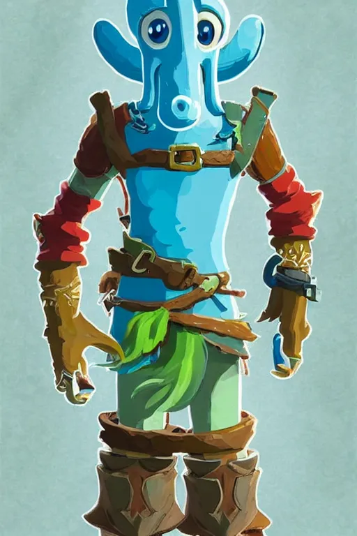Image similar to an in game portrait of squidward from the legend of zelda breath of the wild, breath of the wild art style.