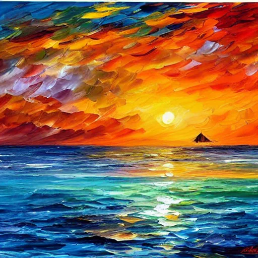 Prompt: rising sun on the caribbean bay, by leonid afremov and moebius