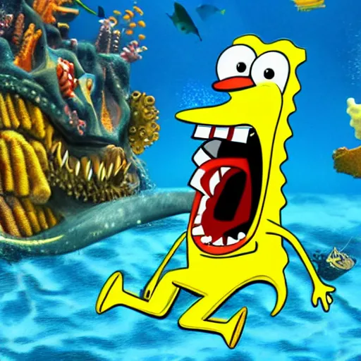 Image similar to spongebob riding a shark under the sea