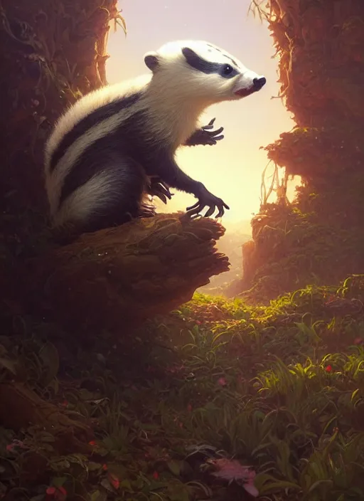 Image similar to highly detailed portrait of a cute badger, unreal engine, fantasy art by greg rutkowski, loish, rhads, ferdinand knab, makoto shinkai and lois van baarle, ilya kuvshinov, rossdraws, tom bagshaw, alphonse mucha, global illumination, radiant light, detailed and intricate environment