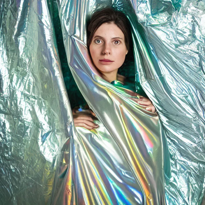 Image similar to closeup portrait of a woman wrapped in an iridescent mylar foil blanket, standing in a grocery store, dirty grocery store, grungy grocery store, color photograph, by vincent desiderio, canon eos c 3 0 0, ƒ 1. 8, 3 5 mm, 8 k, medium - format print