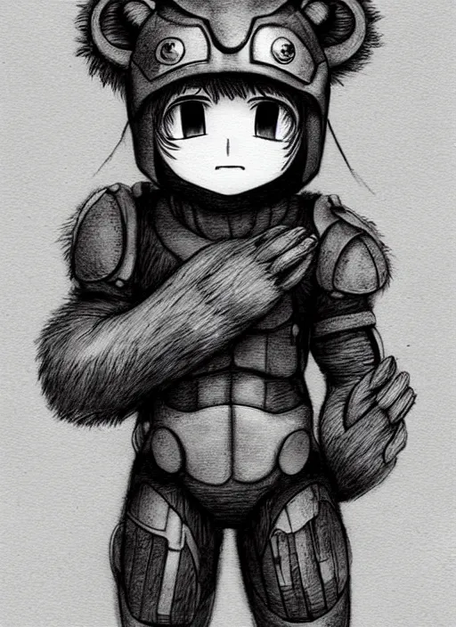 Image similar to beautiful little boy wearing an cyborg bear suit, artwork in kentaro miura and made in abyss and rosdraws, smooth, beautiful lightness, anatomically correct, trending on pixiv, forest