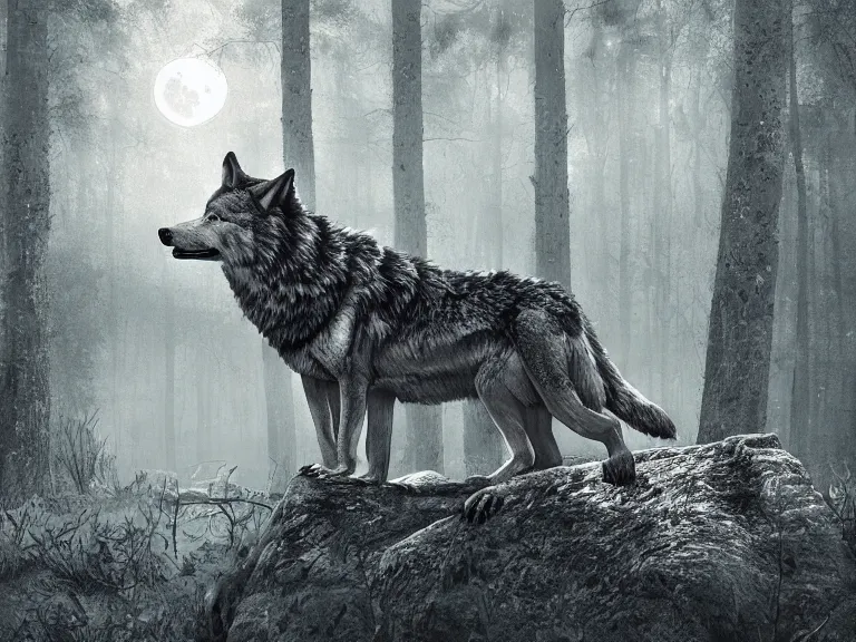 Prompt: A wolf with features of a crocodile, moody lighting, yellowish full moon, pinewood forest, realistic, photorealistic art done in photoshop