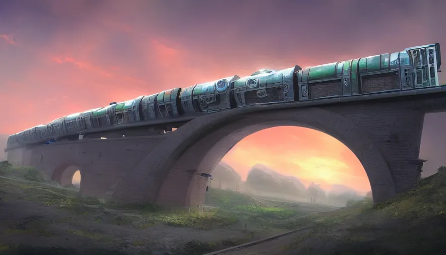 Image similar to futuristic cargo train driving over aqueduct, green hills, matte painting, artstation, sunrise, blue sky, solarpunk