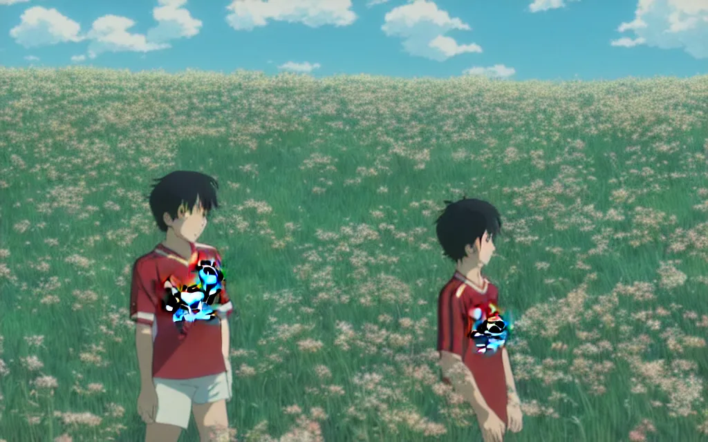 Image similar to a boy wearing a manchester united jersey day dreaming on a field of flower, beautiful bright blue sky. 35mm film. makoto shinkai, studio ghibli.