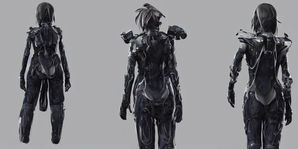 Image similar to Front and back view of a woman in scientist jacket with a system of straps and pouches for collecting material by Tetsuya Nomura with Ralph Horsley and Mario Testino, trending on artstation and pixiv clean sci-fi concept art and sheet that using unreal engine 5 render and hyper detailed 3D texture with cinematic software light