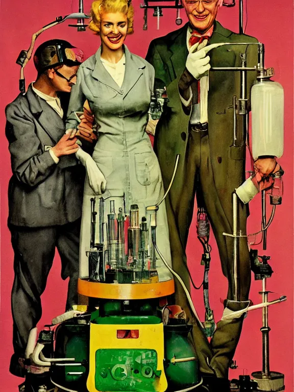 Prompt: A female mad scientist in a laboratory coat, smiling and welding together a partially-built realistic robotic!!! man!!! in a suit, in a darkly lit laboratory room surrounded by test tubes and jars, 1950s horror film movie poster style, Norman Rockwell oil painting, retro vintage, saturated pink and green lighting