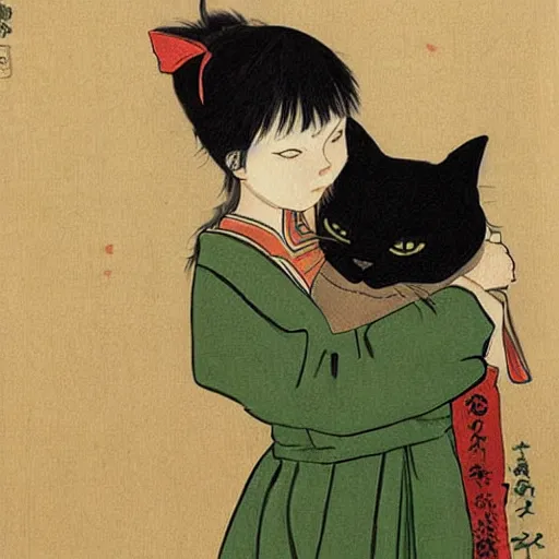 Prompt: Two girls struggling to hold a very angry and annoyed cat who is attempting to flee, painting by Yoshitomo Nara