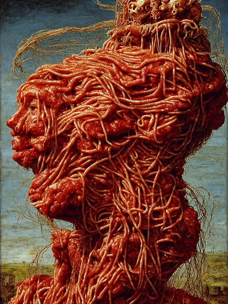 Prompt: a boy made of spaghetti and tomato sauce, sitting on top of a horse made of meat, by giuseppe arcimboldo and ambrosius benson, renaissance, intricate and intense oil paint, a touch of beksinski and hr giger and edward munch, realistic