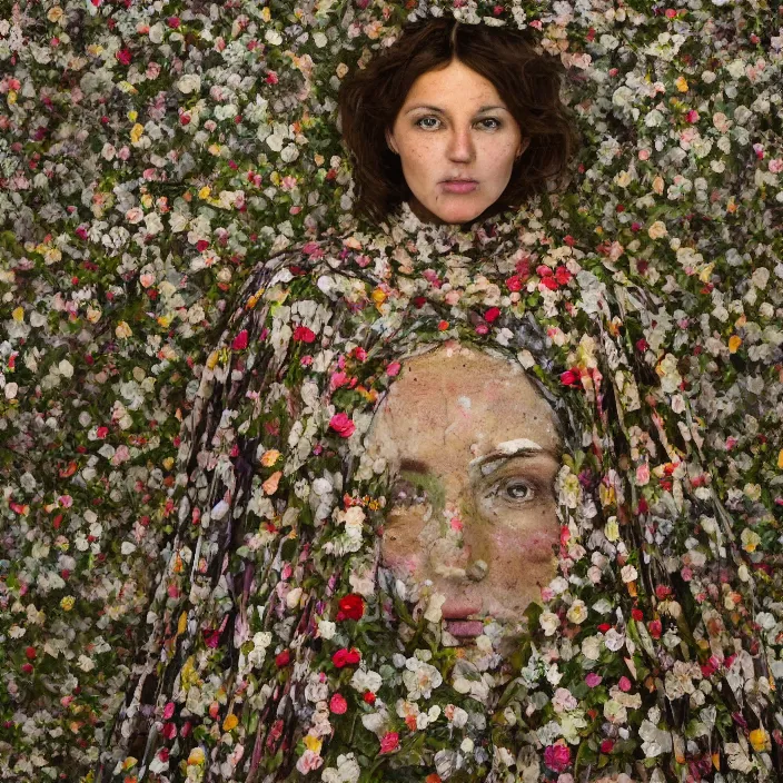 Prompt: a closeup portrait of a woman wearing a cloak made of plastic an mud, in an infinite landscape of flowers, photograph by vincent desiderio, canon eos c 3 0 0, ƒ 1. 8, 3 5 mm, 8 k, medium - format print