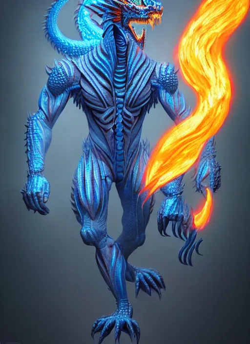 Image similar to muscular and tall blue ghostly fire humanoid dragon!!!! draconian!! intricate ornate iridescent exoesqueleton!! character concept art, sharp focus, octane render! unreal engine 5! highly rendered!! trending on artstation!! detailed linework!! illustration by artgerm, wlop, and chie yoshii