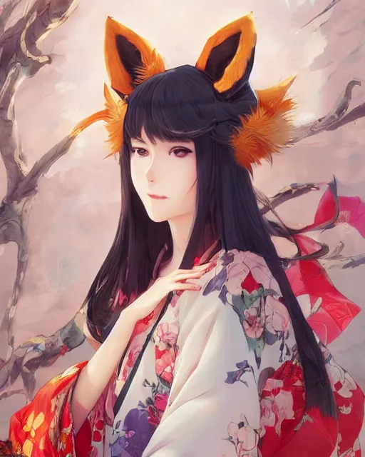 Prompt: A beautiful anime digital painting of a woman with fox ears and nine tails wearing a kimono, by Stanley Artgerm Lau, WLOP, Rossdraws, James Jean, Andrei Riabovitchev, Marc Simonetti, and Sakimichan, trending on artstation