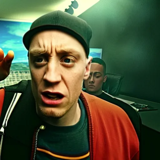 Image similar to still of an award - winning movie of eminem in a rap battle against a chocolate m & m, hyperdetailed, hdr, studio lighting, studio quality effects, epic!!!!!!