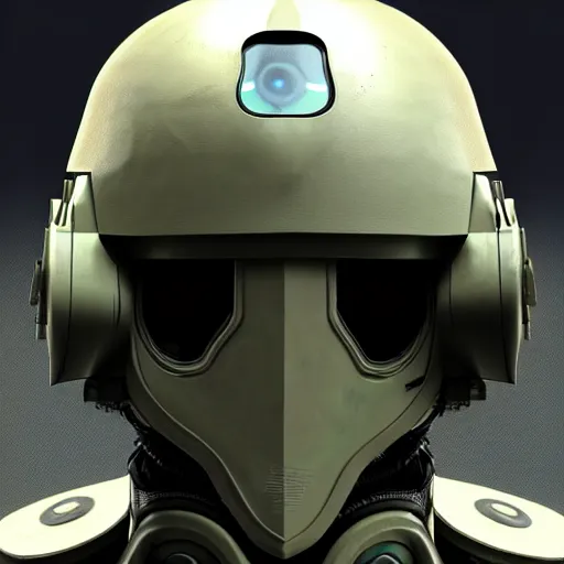 Prompt: military looking sci - fi soldier helmet for a three eyed humanoid with small eye shaped visor and cameras, hard surface, detailed, concept art, portrait, mechanical, paint brush, metal, mech, futuristic, realistic, detailed, weathered, two thirds face angle, proportional