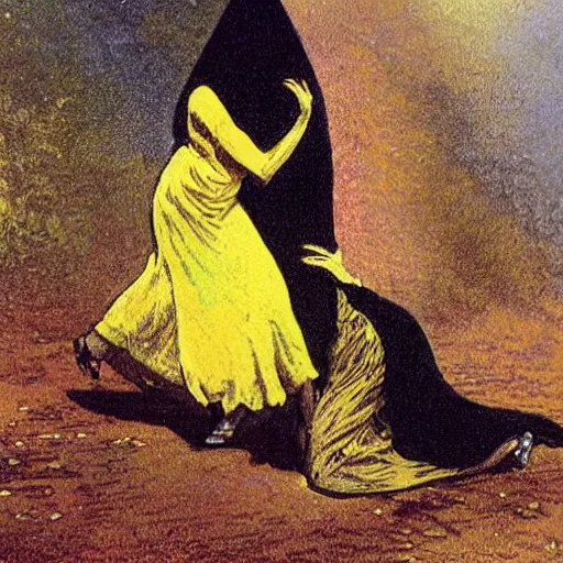 Prompt: dayglo yellow, fantastic planet loose, blocks by alfred augustus glendening. this illustration was painted in 1 9 3 7 during the guerra civil espanola. the woman in the illustration is weeping. she is wearing a black dress & a black veil. her face is distorted by grief. the illustration is dark & somber.