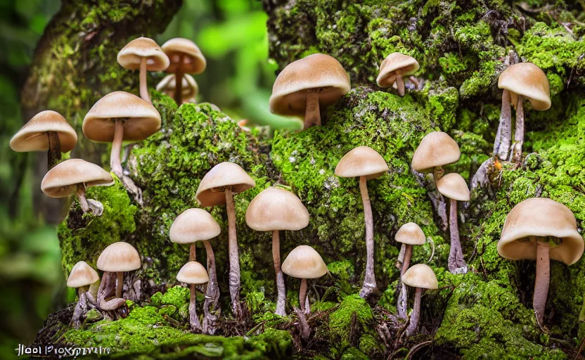 Image similar to a photography of a creepy mushroom family in a rainforest, intricate detail, photorealistic, 2 4 mm mirrorless